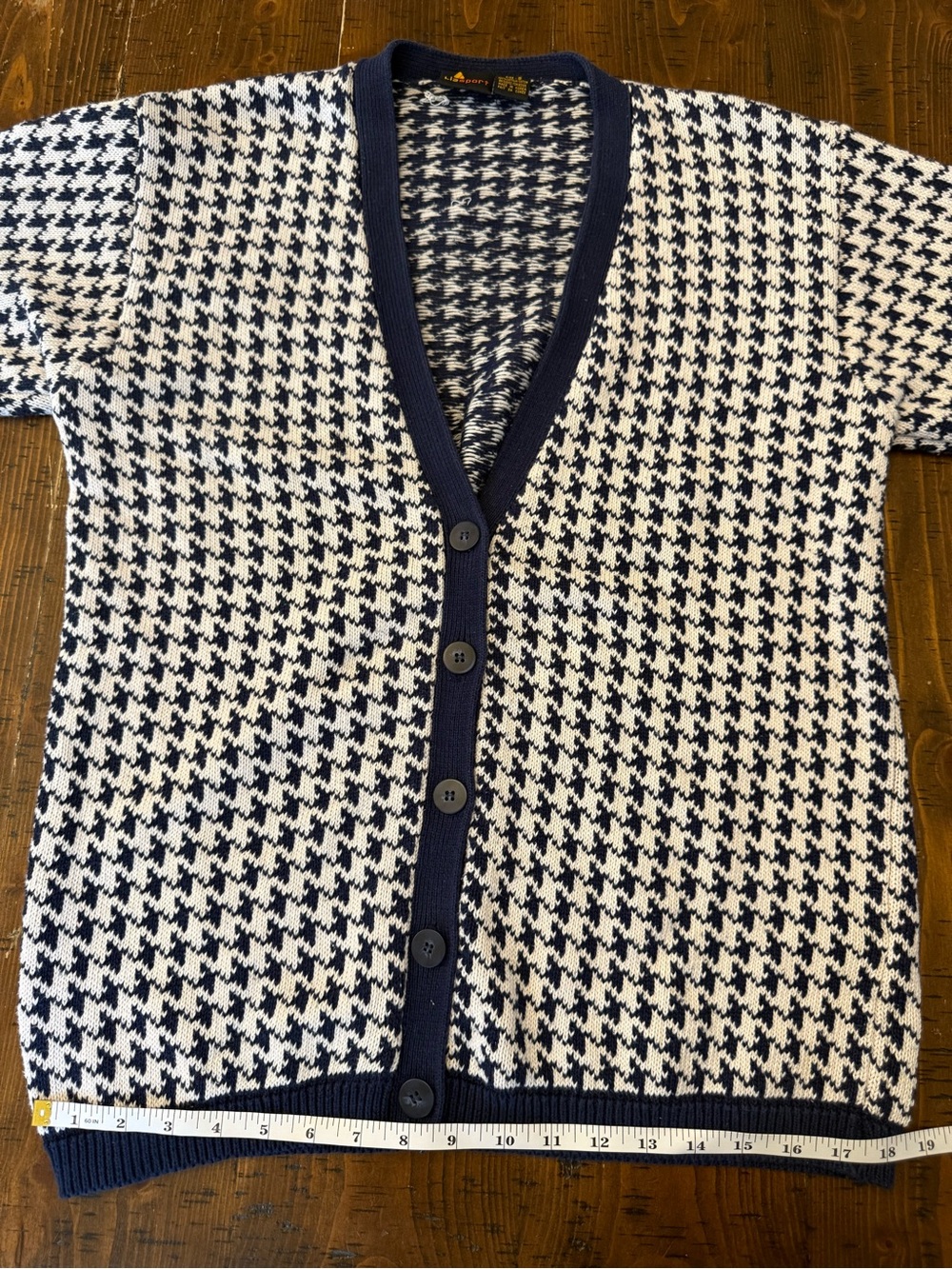 Vintage 90s Liz Sport Houndstooth Cardigan Navy & Cream Cotton Knit Sweater - Picture 7 of 11